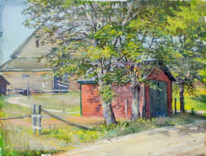 Richard Chase (CA,MA,1919-2007) watercolor painting: ARTIST: Richard Gabriel Chase (California, Massachusetts, 1919 - 2007) TITLE: Farm Landscape MEDIUM: watercolor on paper CONDITION: Some damages to edges and corners. Few