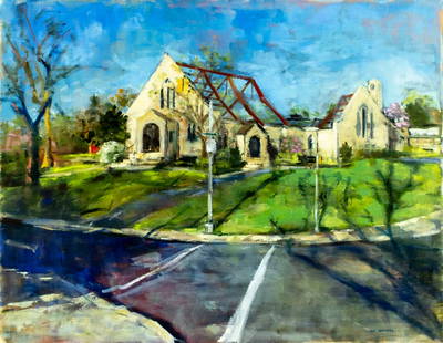 Fay Lampert Shutzer (MA,NY,20/21C) oil painting: ARTIST: Fay Lampert Shutzer (Massachusetts, New York, 20/21 centuries) TITLE: Darkening Sky, West Side Presbyterian Church in Ridgewood, NJ MEDIUM: oil on canvas CONDITION: