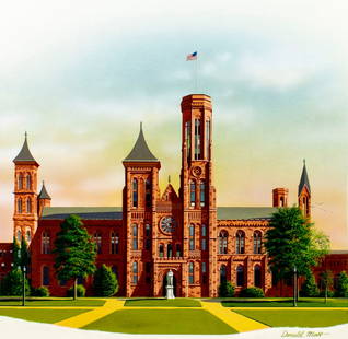 Donald Moss (CT,MA,1920-2010) watercolor painting: ARTIST: Donald Moss (Connecticut, Massachusetts, 1920 - 2010) TITLE: Smithsonian Institute, Washington D.C. YEAR: 1980 MEDIUM: watercolor on board CONDITION: