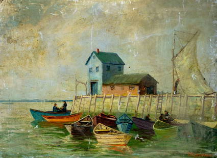Theodore Gramm (PA,1888-1961) oil painting: ARTIST: Theodore Kennedy Gramm (Pennsylvania, 1888 - 1961) TITLE: Harbor Scene with Fish Boats MEDIUM: oil on board CONDITION: Some damages to edges and corners. Some smal