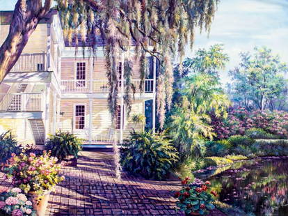 H Peter (US,20C) oil painting: ARTIST: H Peter (American, 20 century) TITLE: Garden Landscape with Mansion MEDIUM: oil on canvas CONDITION: Unstretched (In-House stretching available). Few minor paint los