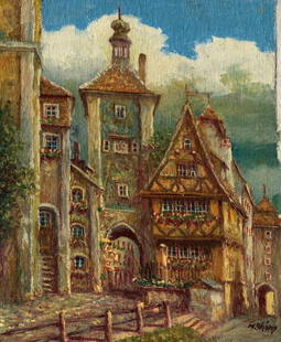 M Schony (German,1913-?) oil painting: ARTIST: M Schony (Germany, 1913 - ???) TITLE: Rothenburg Cityscape, Plonlein, Germany MEDIUM: oil on canvas CONDITION: Unstretched (In-House stretching available). Few min