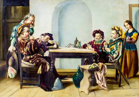 E Resner (Europe,20C) oil painting: ARTIST: E Resner (European, 20 century) NAME: Tavern Scene MEDIUM: oil on canvas CONDITION: One scratch 1 1/2" long with small tear about 1/2" long in the lower left corner. No visible inpai