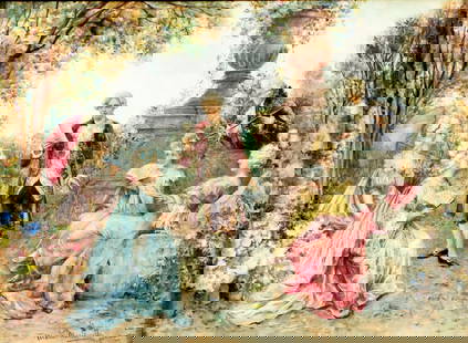Maria Martinetti (CA,Italy,1864-1921) watercolor painting antique: ARTIST: Maria Martinetti (California, Italian, 1864 - 1921) TITLE: Garden Scene MEDIUM: watercolor on heavy paper CONDITION: Some foxing (just few spots). Some age toning.