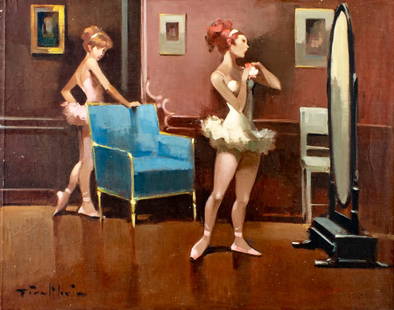 Joan Giralt Lerin (Spain,1907-?) oil painting: ARTIST: Joan Giralt Lerin (Spanish, 1907 - ???) TITLE: Ballerinas Before Performance MEDIUM: oil on canvas CONDITION: Unstretched (In-House stretching available). Minor pa