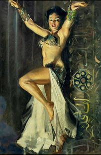 Nino Mari (Italy,mid 20C) oil painting: ARTIST: Nino Mari (Italian, mid 20 century) TITLE: Oriental Dancer MEDIUM: oil on canvas CONDITION: Missing a few flakes of paint. Some scattered inpaintings. ART