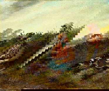 Antique 19C British oil painting: ARTIST: - (United Kingdom, 19 century) TITLE: Lunch Time MEDIUM: oil on canvas CONDITION: Two small patches. Some paint losses (see pictures carefully). Some craquelure. S
