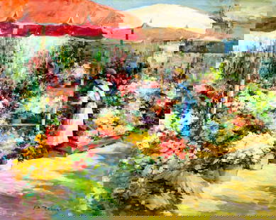 P Betrin (Europe,20C) oil painting: ARTIST: P Betrin (European, 20 century) TITLE: Flower Market Scene MEDIUM: oil on canvas CONDITION: Unstretched (In-House stretching available). Few minor paint losses. Some