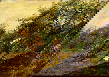 Joseph Milne (UK,1857-1911) oil painting antique: ARTIST: Joseph Milne (United Kingdom, 1857/61 - 1911) TITLE: Farm Workers YEAR: 1881 MEDIUM: oil on canvas CONDITION: One small patch. Some paint losse