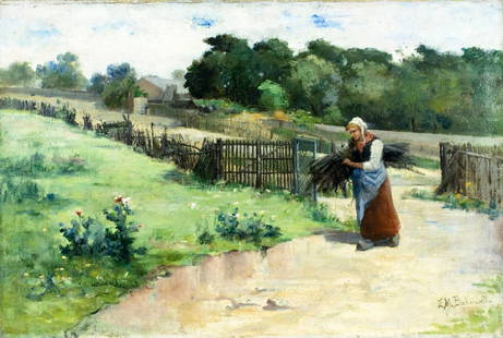 E M Bakewell (Europe,19C) oil painting antique: ARTIST: E M Bakewell (European, 19 century) TITLE: Village Scene with Peasant Woman MEDIUM: oil on canvas CONDITION: Few minor paint losses. No visible inpaint under UV ligh