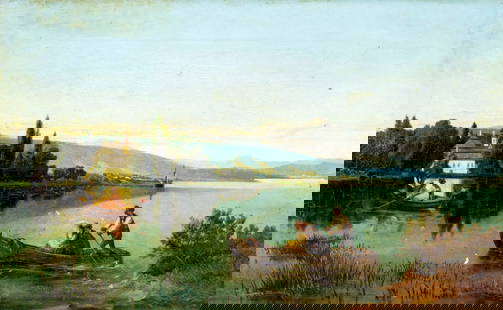 Antique 19C German oil painting: ARTIST: - (Germany, 19 century) TITLE: Lake Landscape with Boats MEDIUM: oil on canvas CONDITION: Some flaking/paint losses (see pictures carefully). Some craquelure. No vis