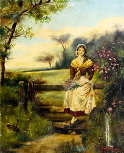 Gyula Agghazy (Hungary,1850-1919) oil painting antique: ARTIST: Gyula Agghazy (Hungarian, 1850 - 1919) TITLE: Peasant Woman with Flowers MEDIUM: oil on canvas CONDITION: One patch-repaired tear. Some paint losses (see pictures