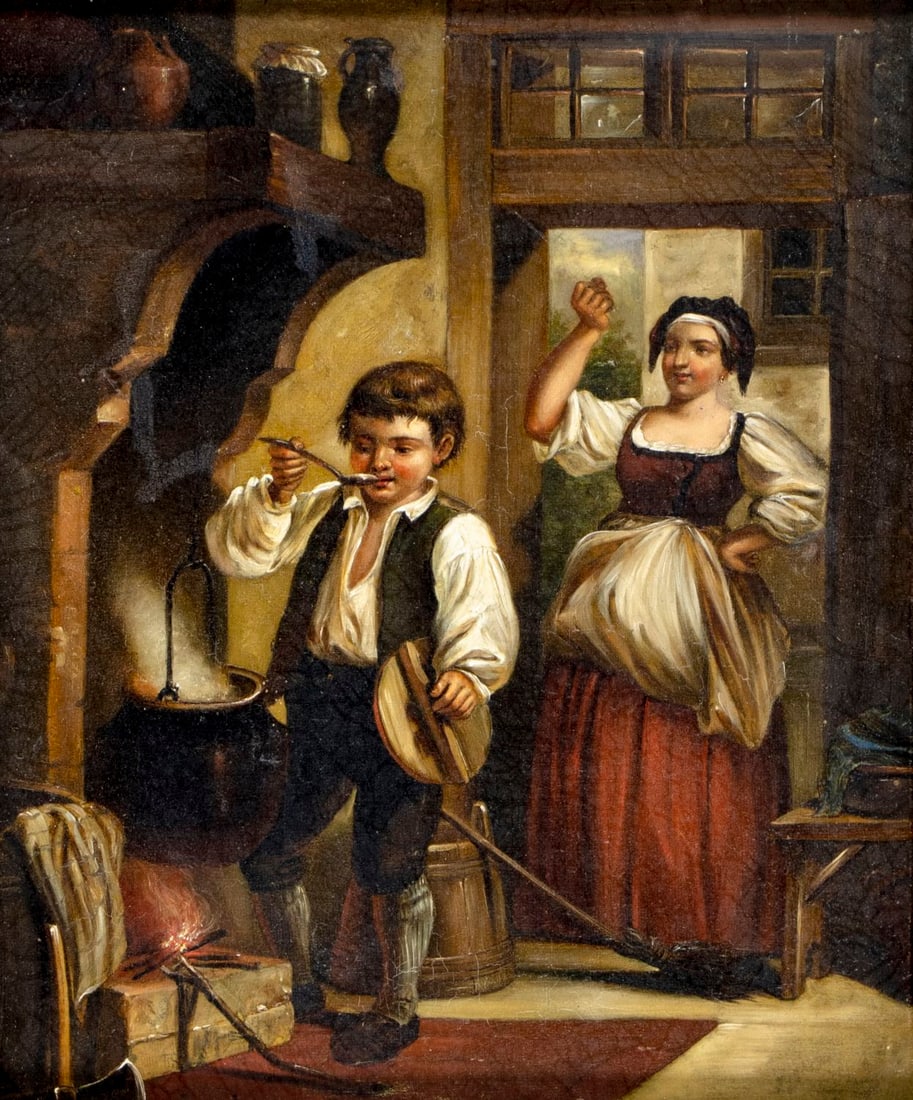 Antique 19C German oil painting: ARTIST: - (Germany, 19 century) TITLE: Interior Scene with Mother and Son MEDIUM: oil on canvas CONDITION: Relined. Minor craquelure. Few scattered small inpantings. Some