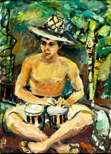 Celia B Michelena (CA,Mexico,1910-2006) oil painting: ARTIST: Celia B Michelena (California, Mexican, 1910 - 2006) TITLE: Man Playing Bongos MEDIUM: oil on board CONDITION: Some scratches. No visible inpaint under UV light.