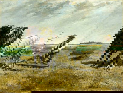 Franz de Beul (Belgium,France,1849-1919) oil painting antique: ARTIST: Franz de Beul (Belgian, French, 1849 - 1919) TITLE: Man Plowing the Fields with Horses MEDIUM: oil on canvas CONDITION: One pinhole puncture. Few minor paint losse