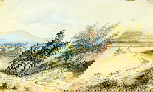 Hermann Kaufmann Sr (German,1808-1889) watercolor painting antique: ARTIST: Hermann Kaufmann Sr (Germany, 1808 - 1889) TITLE: Coastal Scene with Horse Rider MEDIUM: watercolor on paper. Paper applied to board. CONDITION: Some age toning. M