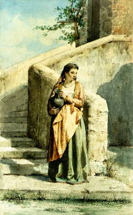 Frederico Bartolini (Italy,act 1880-1920) watercolor painting antique: ARTIST: Frederico Bartolini (Italian, active 1880 - 1920) TITLE: Woman with Jug MEDIUM: watercolor on heavy paper CONDITION: Some age toning. Some faint foxing. Framed und
