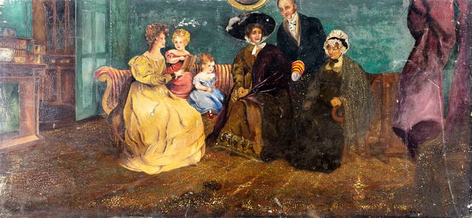 Antique early 20C American oil painting: ARTIST: - (American, early 20 century) TITLE: Family Portrait MEDIUM: oil on board CONDITION: Two horisontal cracks. Some scratches/paint losses. Few minor damages to edge