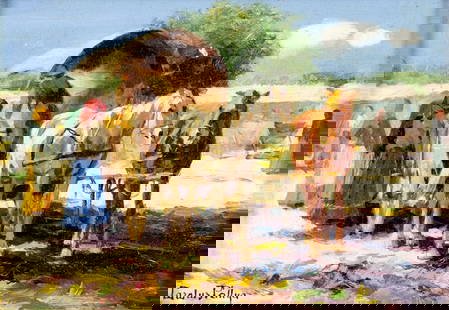 Carolus Pallyia (Hungary,1875-1930) oil painting antique: ARTIST: Carolus Pallyia (Hungarian, 1875 - 1930) TITLE: Country Scene with Horse Wagon MEDIUM: oil on board CONDITION: One small paint loss by the upper edge. Some small s