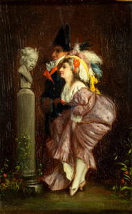 Antique 19C European oil painting: ARTIST: - (Europe, 19 century) TITLE: Couple by Bust Sculpture MEDIUM: oil on board CONDITION: Some small faint scratches. Minor craquelure. No visible inpaint under UV li