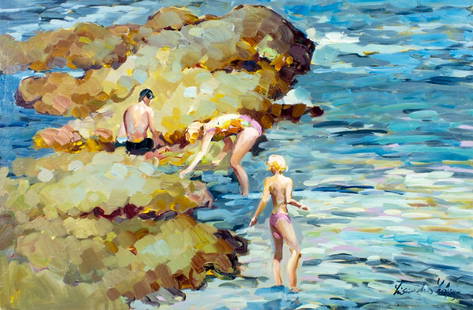 Lisandro Baylon (Argentina,US,1951-?) oil painting: ARTIST: Lisandro Lopez Baylon (Argentinian, American, 1951 - ???) TITLE: Beach Scene MEDIUM: oil on canvas CONDITION: Unstretched (In-House stretching available). Few mino