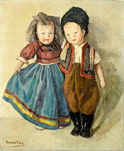Ritta Boemm (Hungary,France,1868-1948) oil painting antique: ARTIST: Ritta Boemm (Hungarian, French, 1868 - 1948) TITLE: Two Dolls MEDIUM: oil on canvas CONDITION: Missing a few flakes of paint. Very minor craquelure. No visible inp