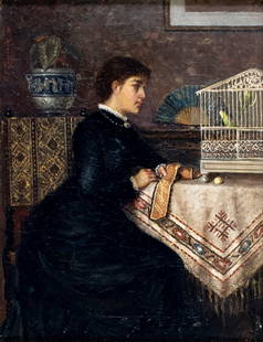 Charles Lowcock (UK,1844-1925) oil painting antique: ARTIST: Charles Frederick Lowcock (United Kingdom, 1844 - 1925) TITLE: Woman Sewing by Birdcage YEAR: 1880 MEDIUM: oil on canvas CONDITION: Few repaire