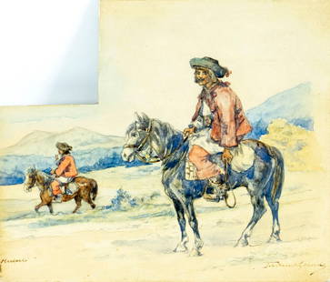 Tadeusz Rybkowski (Poland,1848-1926) watercolor painting antique: ARTIST: Tadeusz Rybkowski (Polish, 1848 - 1926) TITLE: Huculi MEDIUM: watercolor on paper. Paper applied to board. CONDITION: Some age toning. Some small damages along edg