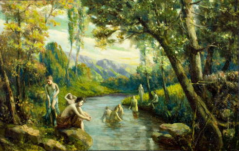 Antique 19C American oil painting: ARTIST: - (American, 19 century) TITLE: River Landscape with Bathing Women MEDIUM: oil on canvas CONDITION: Few patches. Minor paint losses. Some stable craquelure. Some s
