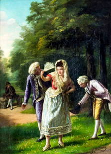 J Jimenez (Spain,US,19C) oil painting antique: ARTIST: J Jimenez (Spanish, American, 19 century) NAME: Park Scene MEDIUM: oil on canvas CONDITION: Missing a few flakes of paint. Some craquelure. Some scattered inpaintings. SIGHT SIZE: