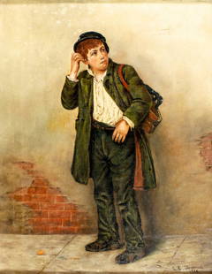 L E Doremus (US,early 20C) oil painting antique: ARTIST: L E Doremus (American, early 20 century) TITLE: Street Urchin YEAR: 1910 MEDIUM: oil on canvas CONDITION: Few patches. Some paint losses. Some cr