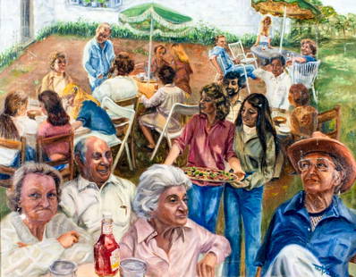 Vintage 20C American oil painting signed: ARTIST: Vintage 20C American oil painting TITLE: Outdoor Cafe Scene MEDIUM: oil on canvas CONDITION: Some paint losses. Some scratches. No visible inpaint under UV light.