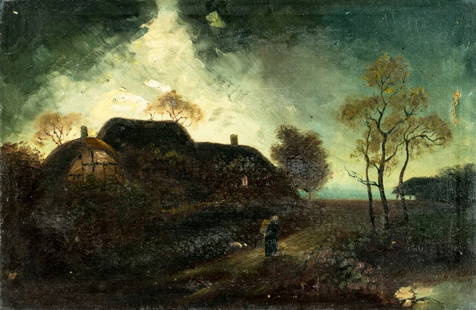 Antique early 20C American oil painting: ARTIST: - (American, early 20 century) TITLE: Sunset Village Landscape MEDIUM: oil on canvas CONDITION: One patch. Few scratches/paint losses. Very minor craquelure. No vi