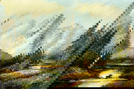 Vintage 20C German oil painting signed: ARTIST: - (Germany, 20 century) TITLE: Alpine Landscape MEDIUM: oil on canvas CONDITION: Two small patches. Some small scratches/paint losses. Minor craquelure. No visible