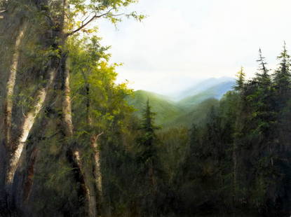 Ron Williams (TN,1947-2016) oil painting: ARTIST: Ron Williams (Tennessee, 1947 - 2016) TITLE: Mountain Landscape MEDIUM: oil on canvas CONDITION: Some paint losses mostly by the upper left corner. No visible inpa