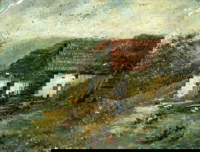 Antique early 20C oil painting signed: ARTIST: - (early 20 century) TITLE: Country Scene MEDIUM: oil on canvas CONDITION: Unmounted. Some scratches/paint losses. Some craquelure. No visible inpaint under UV lig