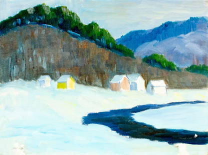 George Holloway (NJ,20C) oil painting: ARTIST: George Holloway (New Jersey, 20 century) TITLE: Winter Landscape with Houses MEDIUM: oil on canvas board CONDITION: Overall good. No visible inpaint under UV light.<