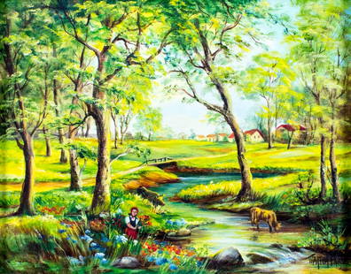 Martha Palaski (CA,20C) oil painting: ARTIST: Martha Palaski (California, 20 century) TITLE: Country Landscape MEDIUM: oil on canvas CONDITION: Very good. No visible inpaint under UV light. ART SIZE: