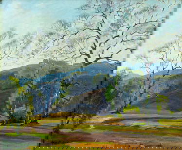 Aaron Kilpatrick (CA,Canada,1872-1953) oil painting: ARTIST: Aaron Edward Kilpatrick (California, Canadian, 1872 - 1953) TITLE: Hilly Landscape MEDIUM: oil on canvas CONDITION: Minor craquelure. No visible inpaint under UV l