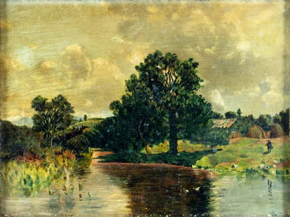 Hirst (UK,19C) oil painting antique: ARTIST: Hirst (United Kingdom, 19 century) TITLE: Country River Landscape MEDIUM: oil on canvas CONDITION: Some paint losses mostly along edges. No visible inpaint under UV