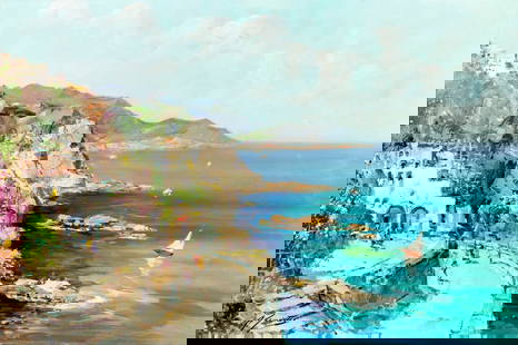 A Giovetti (Italy,20C) oil painting: ARTIST: A Giovetti (Italian, 20 century) TITLE: Coastal Landscape MEDIUM: oil on canvas CONDITION: Few small damages to the edges of canvas. Few small paint losses. Minor cr