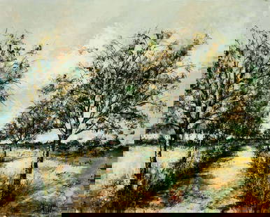 Manuel Monton Bunuel (Spain,1940-?) oil painting: ARTIST: Manuel Monton Bunuel (Spanish, 1940 - ???) TITLE: Country Path Landscape MEDIUM: oil on canvas CONDITION: Unstretched (In-House stretching available). Very good.