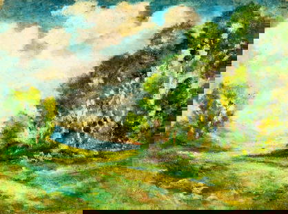 Antique early 20C American oil painting: ARTIST: - (American, early 20 century) TITLE: Forest Landscape MEDIUM: oil on board CONDITION: Some small paint losses mostly along the upper egde. No visible inpaint unde