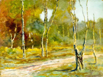 Antique early 20C American oil painting: ARTIST: - (American, early 20 century) TITLE: Autumn Forest Landscape MEDIUM: oil on board CONDITION: Minor damages to corners. No visible inpaint under UV light. Normal w