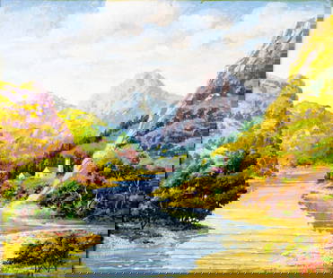 Gyorgy Zala (Hungary,1858-1937) oil painting antique: ARTIST: Gyorgy Zala (Hungarian, 1858 - 1937) TITLE: Mountain River Landscape with Houses MEDIUM: oil on canvas CONDITION: Missing a few flakes of paint. Some craquelure. N
