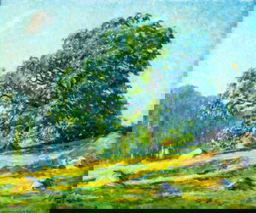 Ernest Harrison Barnes (MI,1873-1955) oil painting: ARTIST: Ernest Harrison Barnes (Michigan, 1873 - 1955) TITLE: Landscape MEDIUM: oil on canvas CONDITION: Very good. No visible inpaint under UV light. Wear to frame.