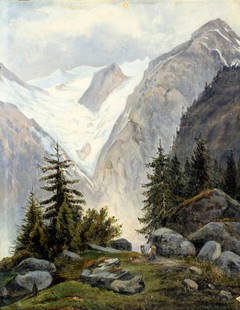 Antique early 20C German oil painting: ARTIST: - (Germany, early 20 century) TITLE: Alpine Mountains Landscape MEDIUM: oil on paper. Paper applied to board. CONDITION: Some warping. Some repaired tears, mostly