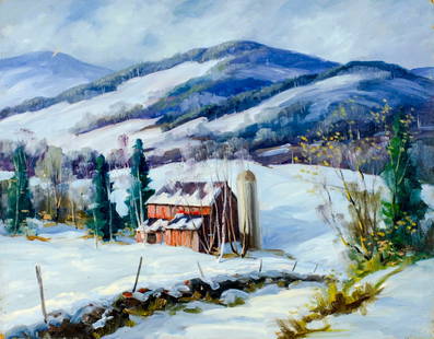 George Holloway (NJ,20C) oil painting: ARTIST: George Holloway (New Jersey, 20 century) TITLE: Winter Country Landscape MEDIUM: oil on board CONDITION: Some small damages to corners and right edge. Some paint los