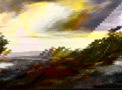 Ron Williams (TN,1947-2016) oil painting: ARTIST: Ron Williams (Tennessee, 1947 - 2016) TITLE: Sunset Country Landscape MEDIUM: oil on canvas CONDITION: Very good. No visible inpaint under UV light. Normal wear al