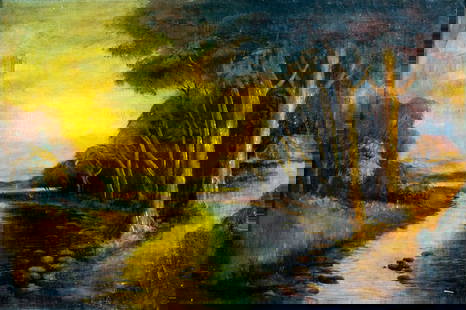 Antique early 20C American oil painting: ARTIST: - (American, early 20 century) TITLE: Sunset River Landscape MEDIUM: oil on canvas CONDITION: One repaired tear. Some small scratches/paint losses. Some craquelu
